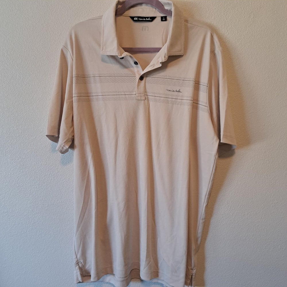 TravisMathew Mens XL Tan Dotted Stripe Performance Golf‎ Polo Shirt Short Sleeve